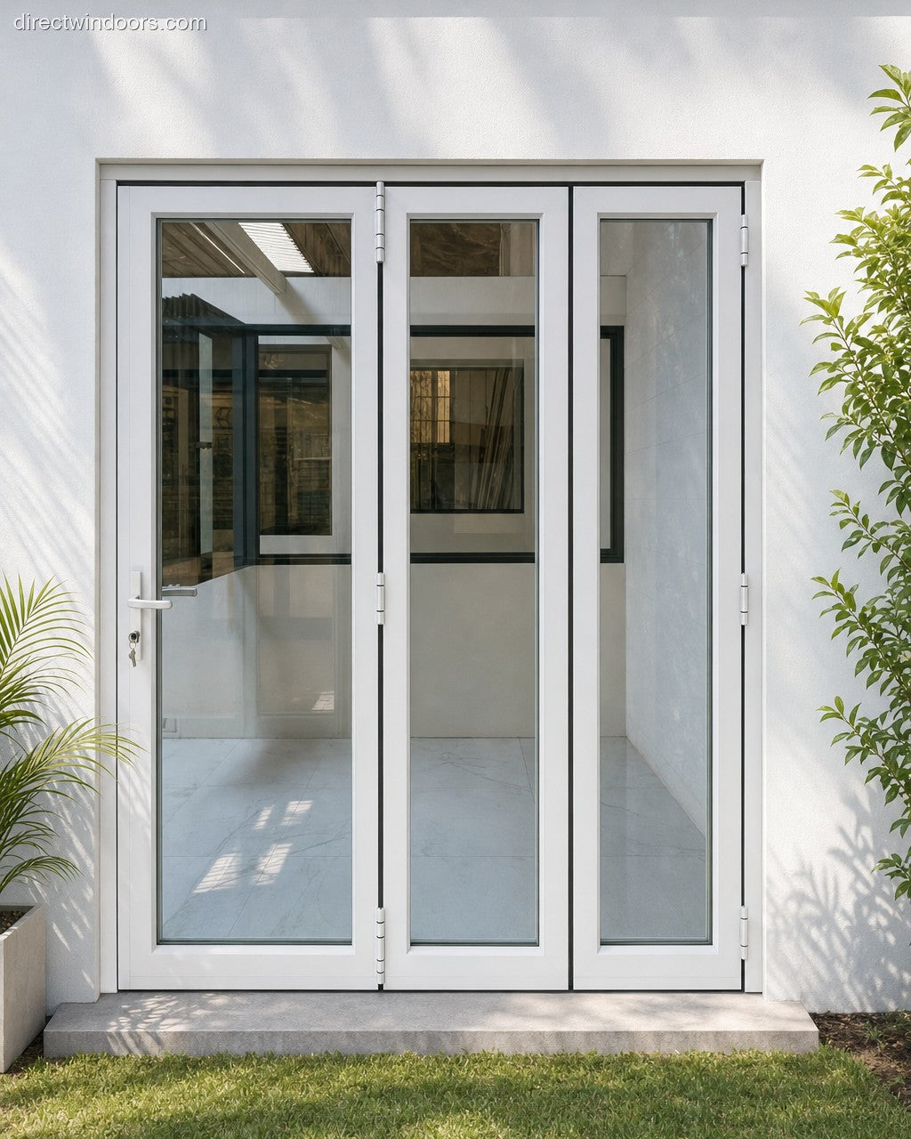 72x96 aluminum bifold door, white, right opening, closed, exterior view