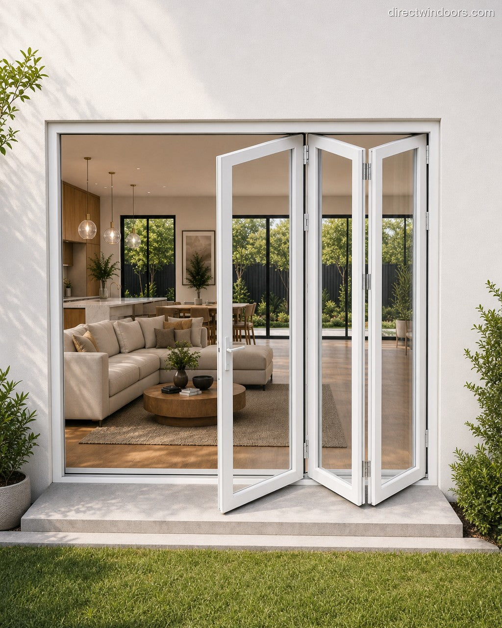 72x96 aluminum bifold door, white, right opening, halfopen, exterior view