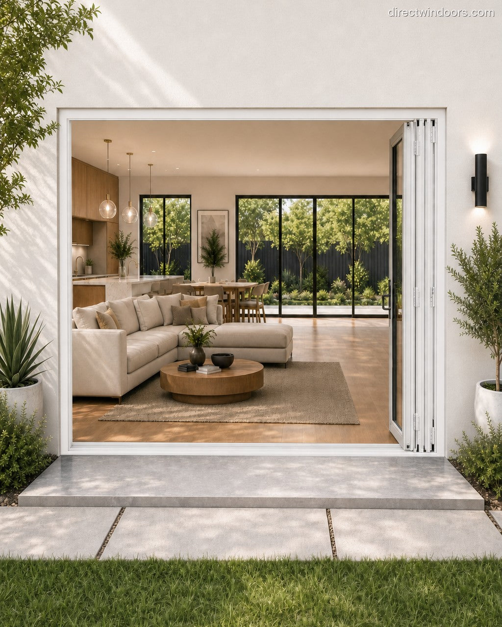 72x96 aluminum bifold door, white, right opening, open, exterior view