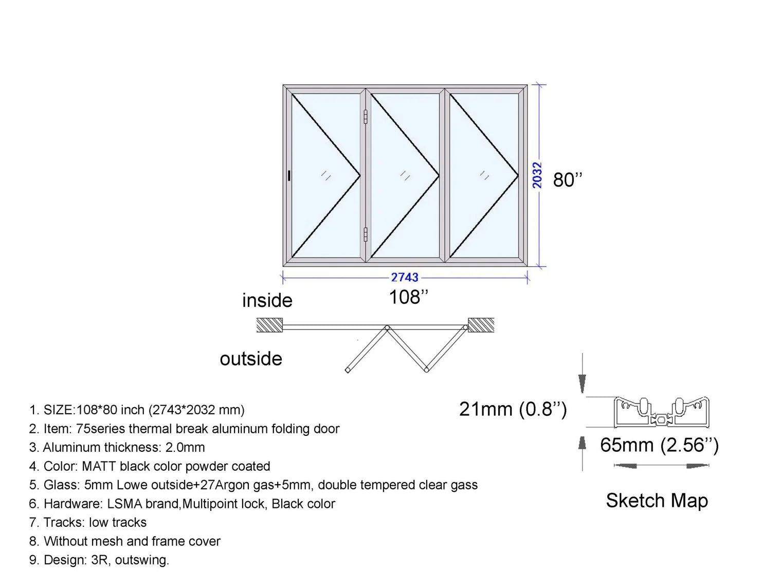 108" x 80" Custom Energy Efficient Aluminum Bifold Door — Direct WinDoors