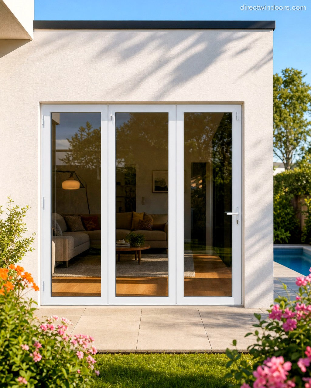 96x80 aluminum bifold door, white, left opening, closed, exterior view