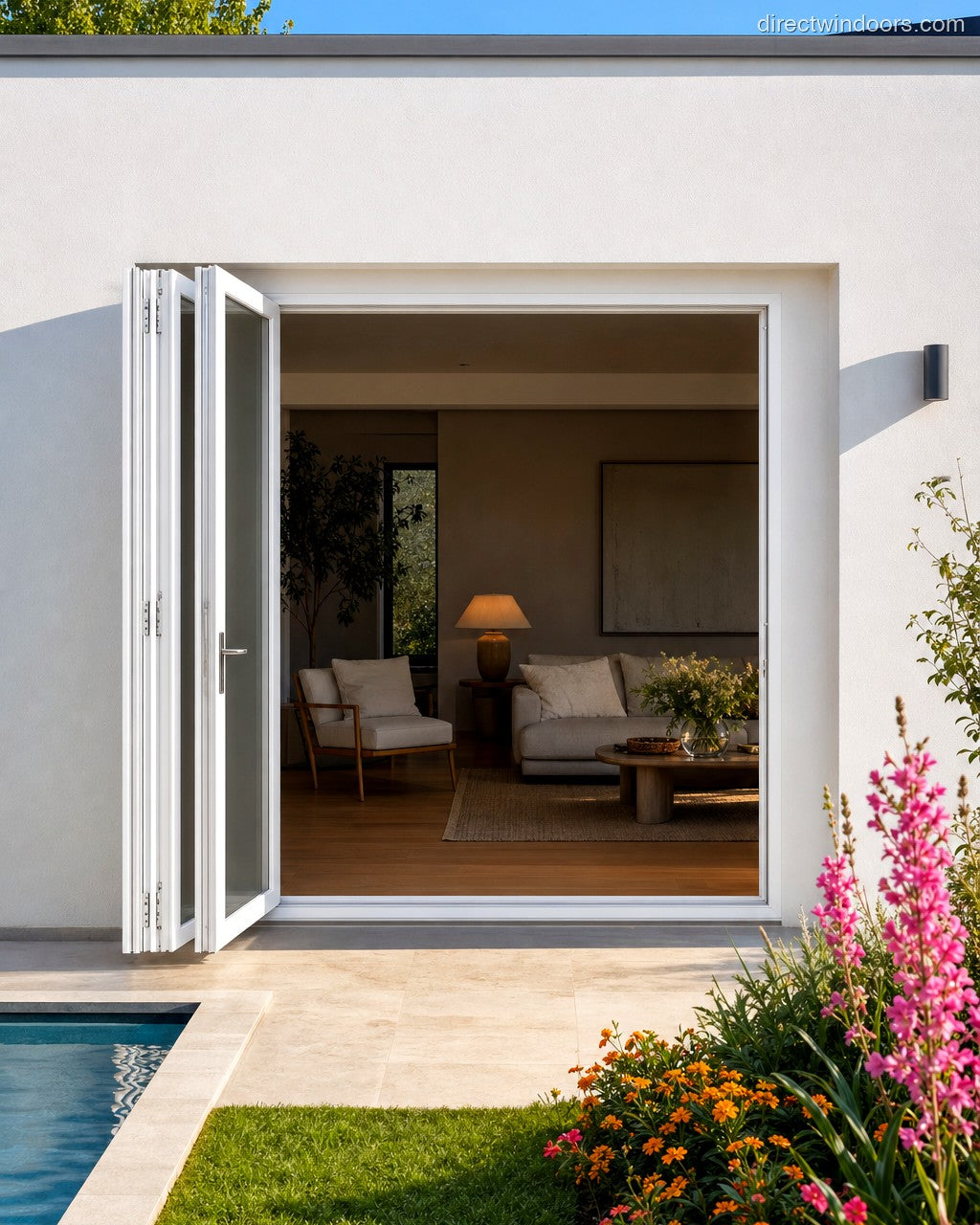 96x80 aluminum bifold door, white, left opening, open, exterior view
