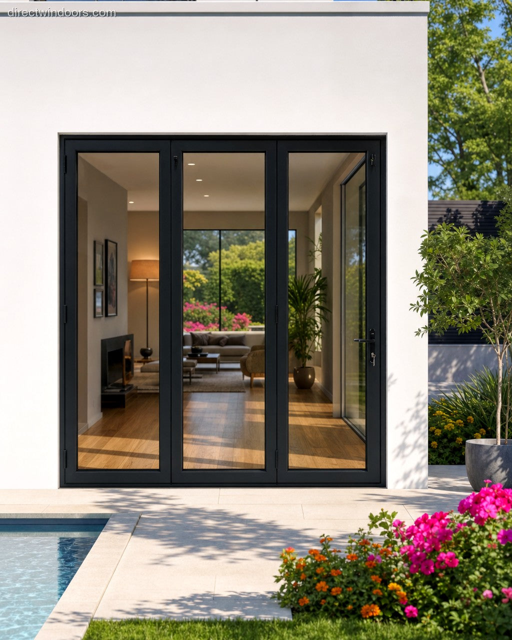 96x96 aluminum bifold door, black, left opening, closed, exterior view