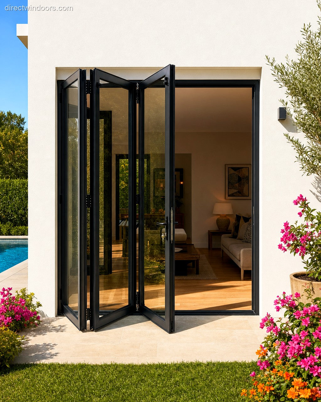96x96 aluminum bifold door, black, left opening, halfopen, exterior view