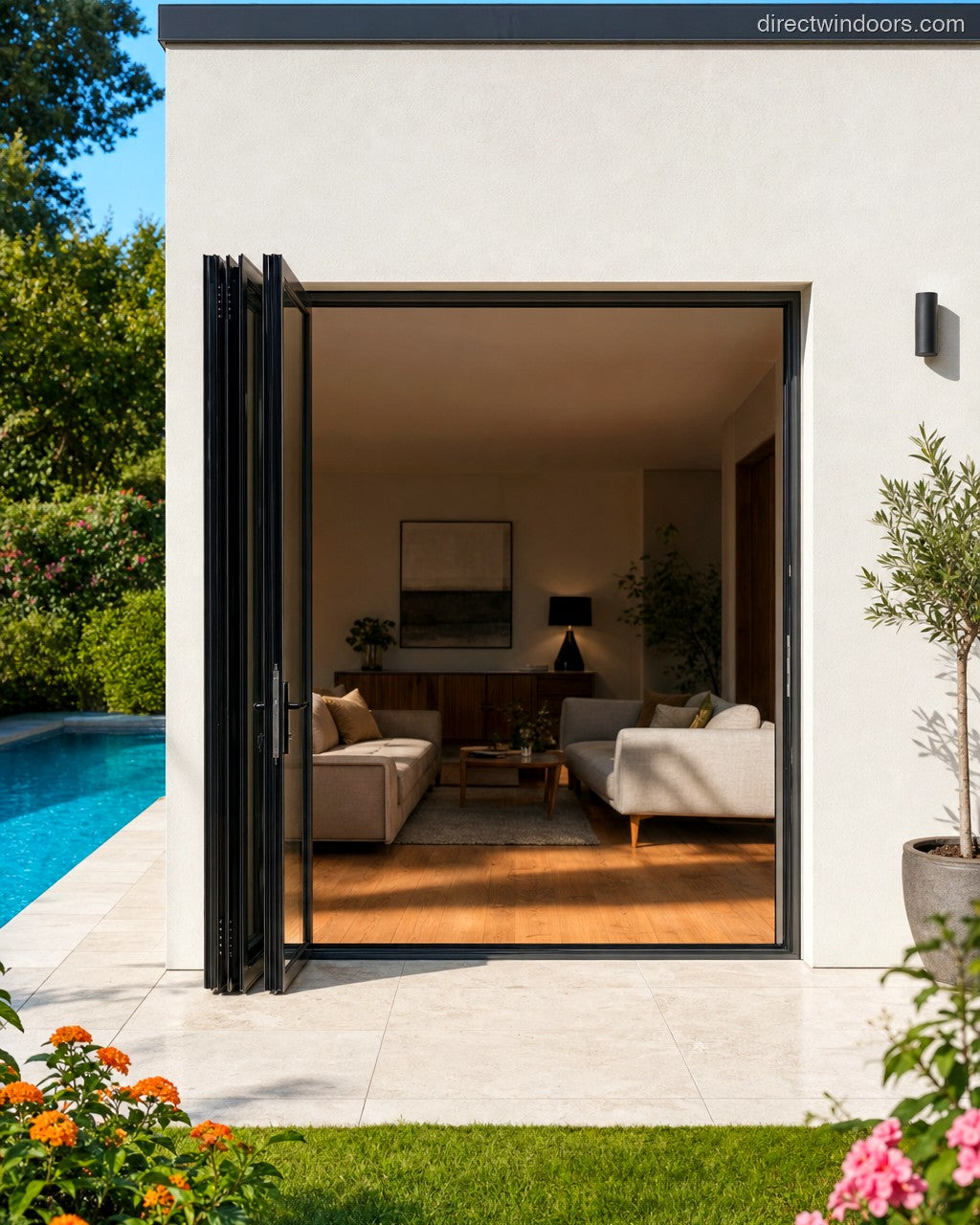96x96 aluminum bifold door, black, left opening, open, exterior view