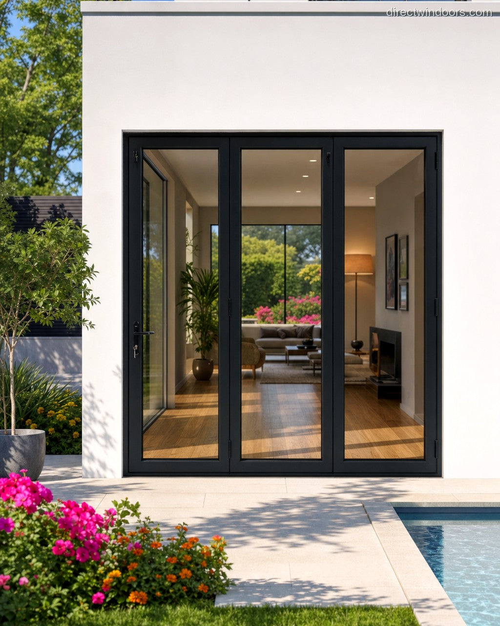 96x96 aluminum bifold door, black, right opening, closed, exterior view