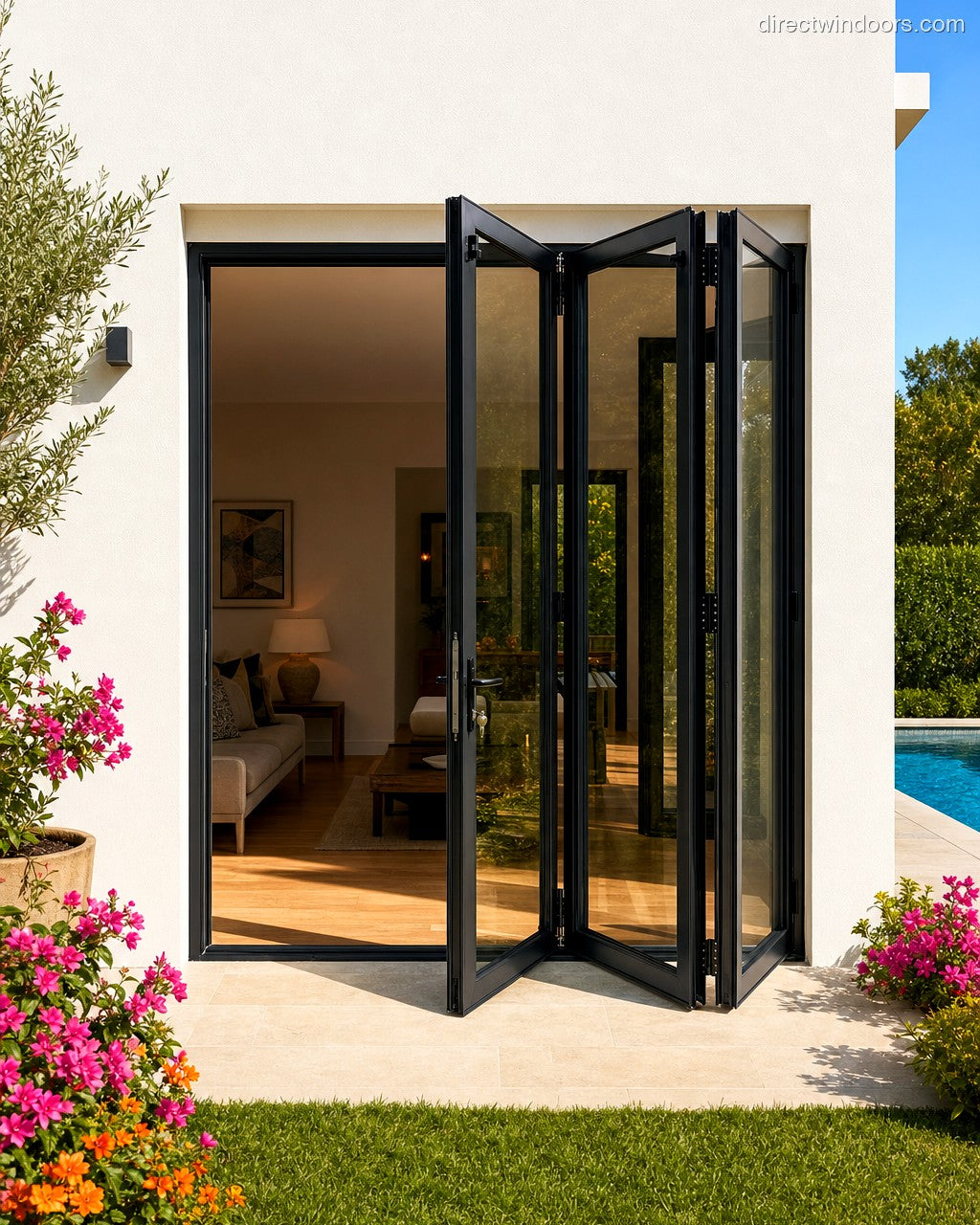 96x96 aluminum bifold door, black, right opening, halfopen, exterior view