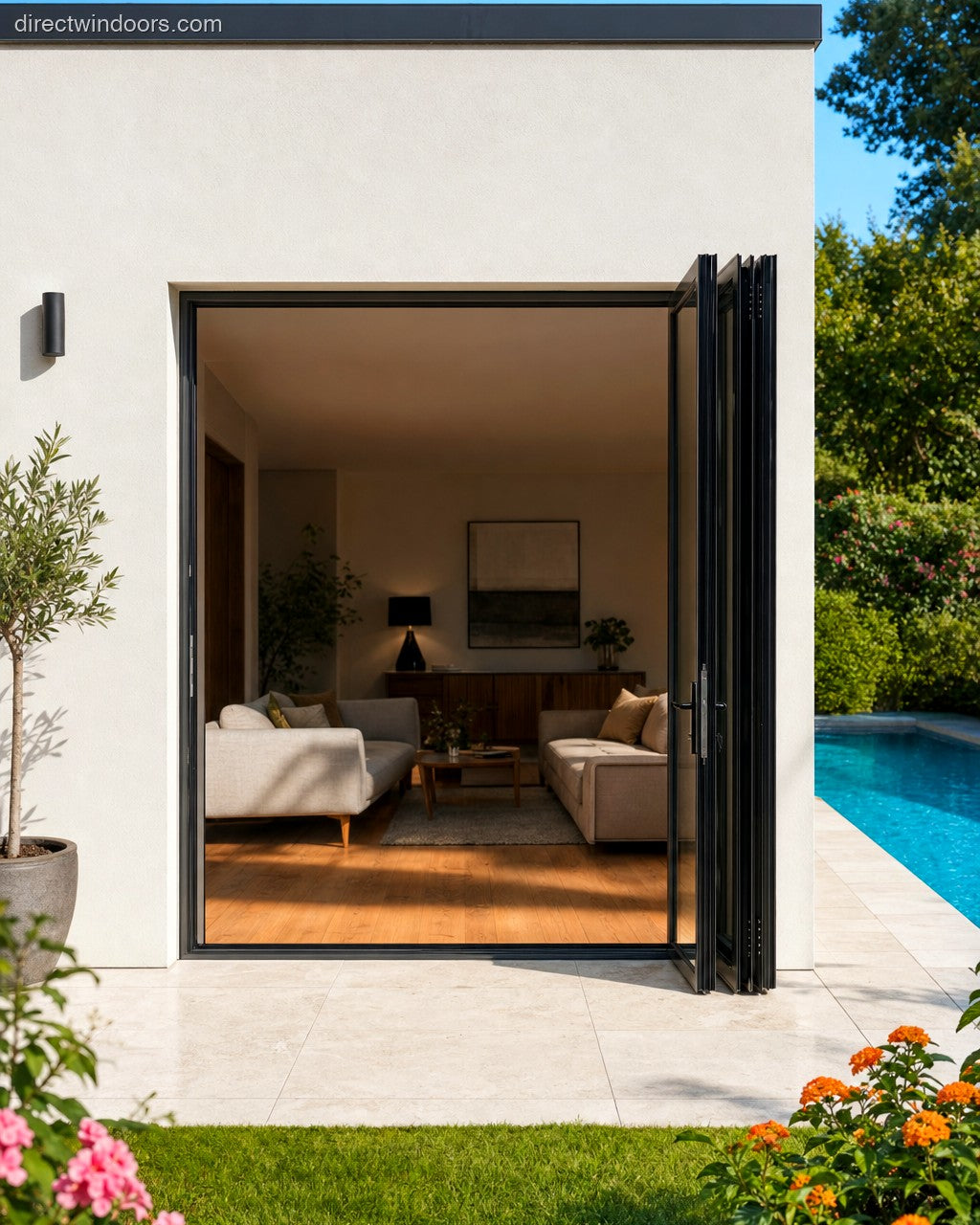 96x96 aluminum bifold door, black, right opening, open, exterior view