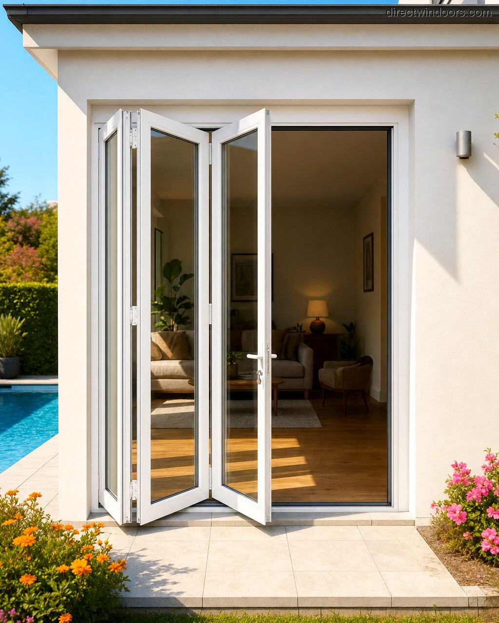 96x96 aluminum bifold door, white, left opening, halfopen, exterior view