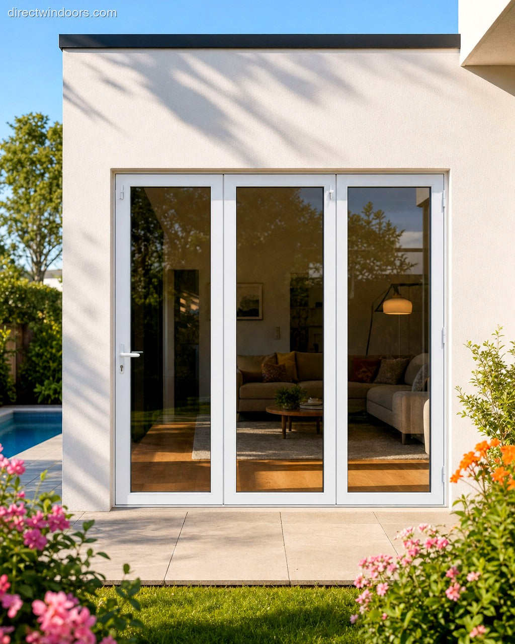 96x96 aluminum bifold door, white, right opening, closed, exterior view