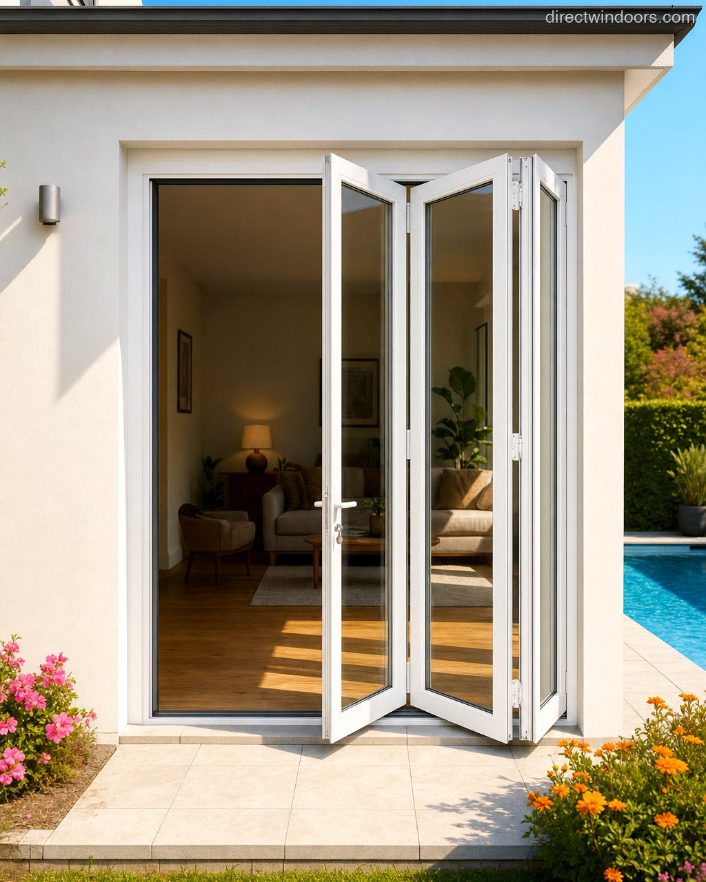 96x96 aluminum bifold door, white, right opening, halfopen, exterior view