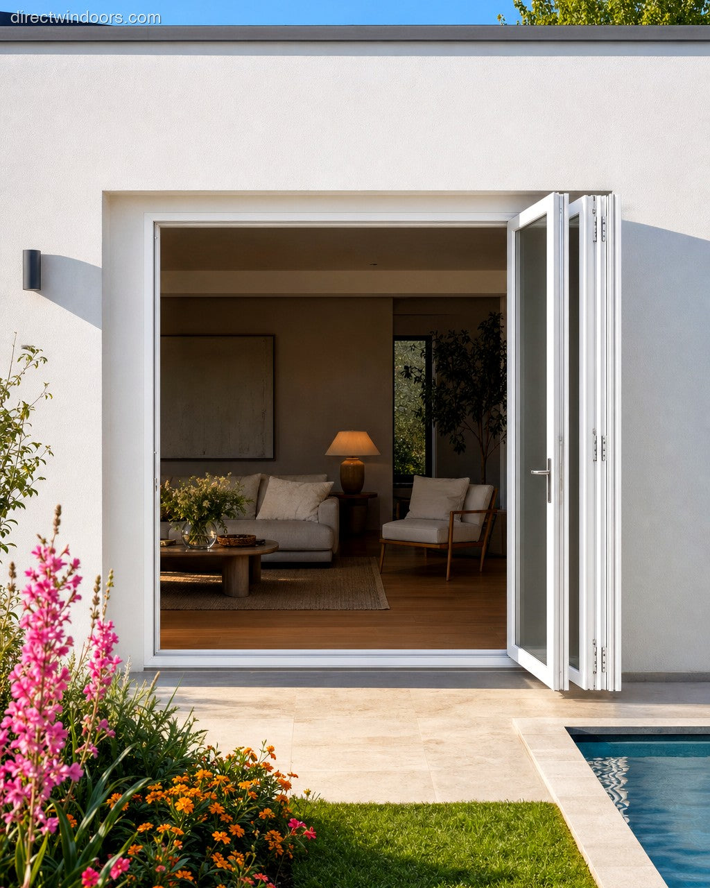 96x96 aluminum bifold door, white, right opening, open, exterior view