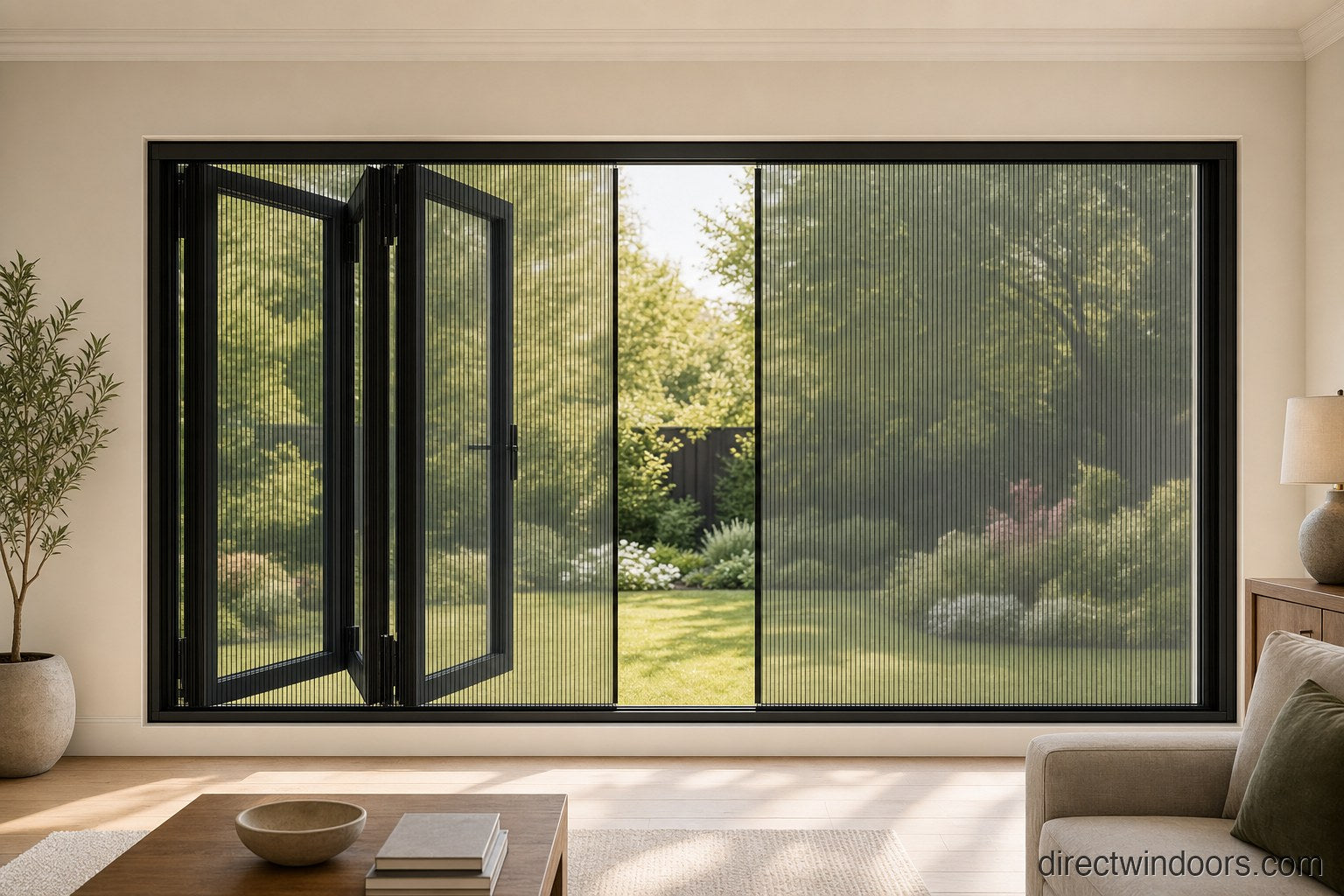 96″x36″ Custom Aluminum Retractable Screen Window — Center-Opening Lifestyle