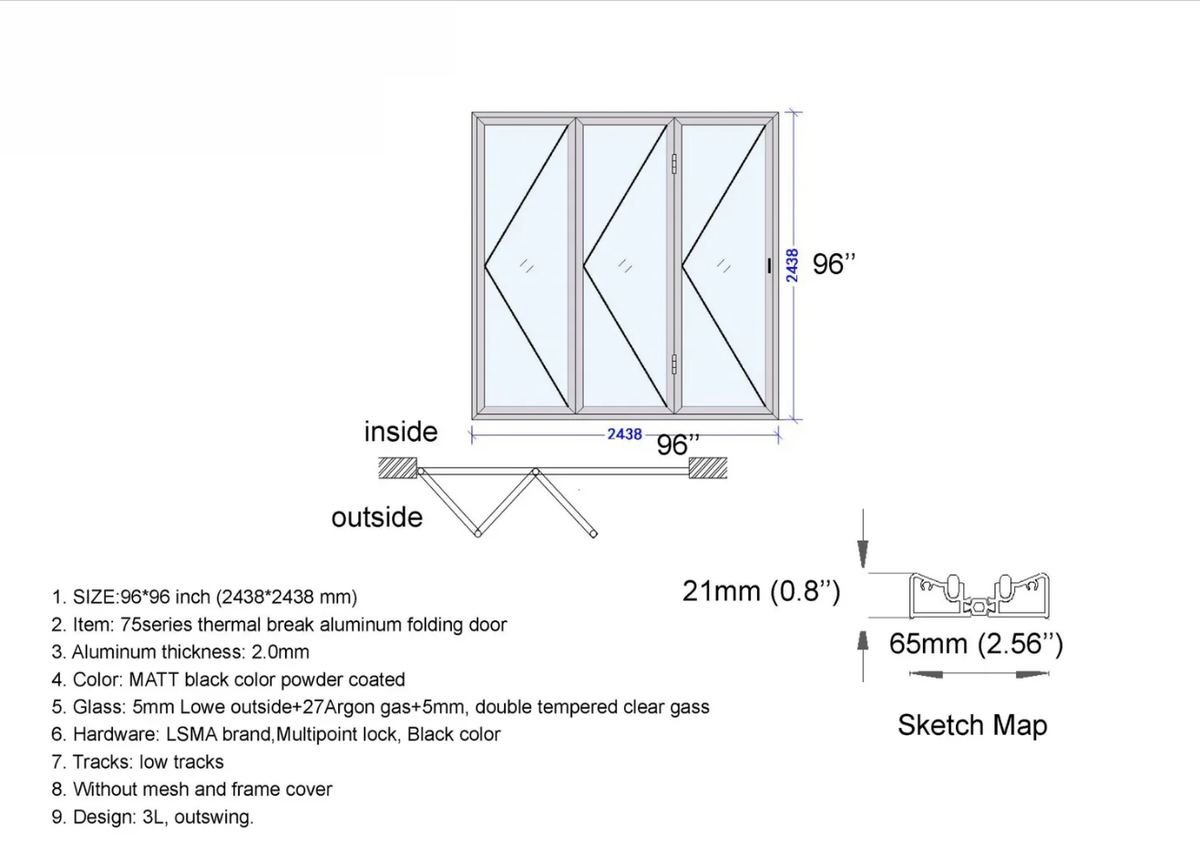 96x96 aluminum bifold door technical drawing, left opening