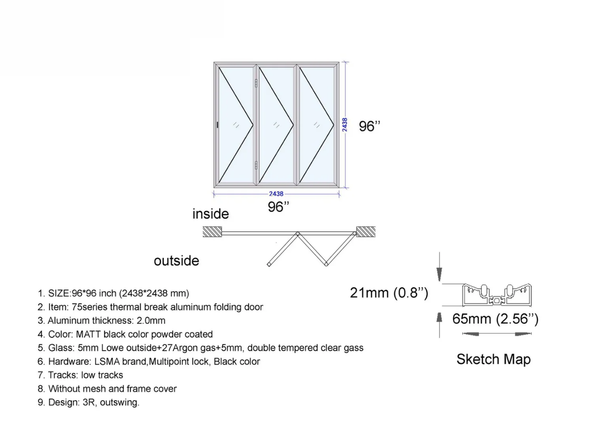 96x96 aluminum bifold door technical drawing, right opening