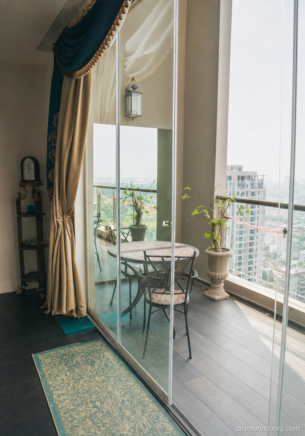 Frameless glass walls enclosing an apartment balcony with city skyline