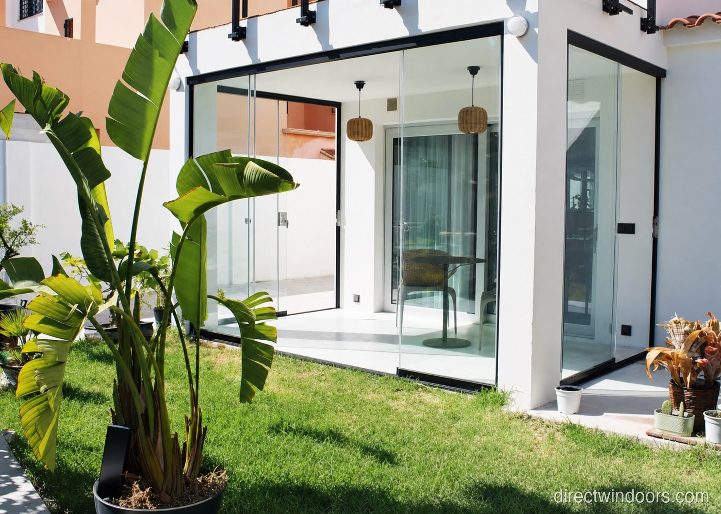 Frameless glass walls on a sunroom extension with tropical planting
