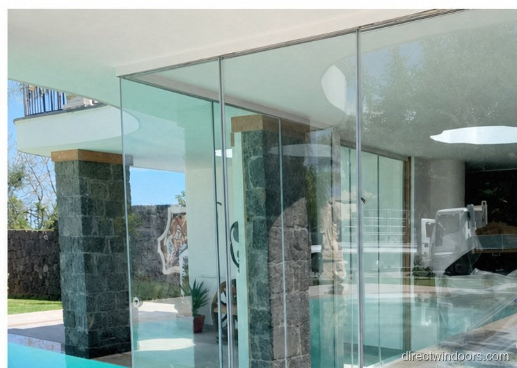 Frameless glass walls 90-degree corner on a stone pool house