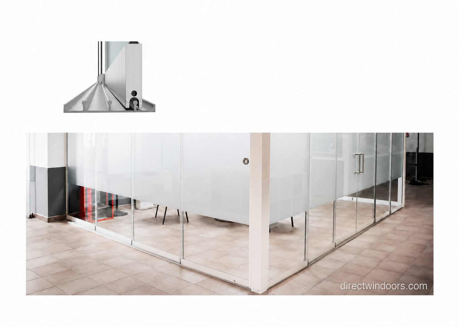 Frameless glass partitions dividing an office workspace