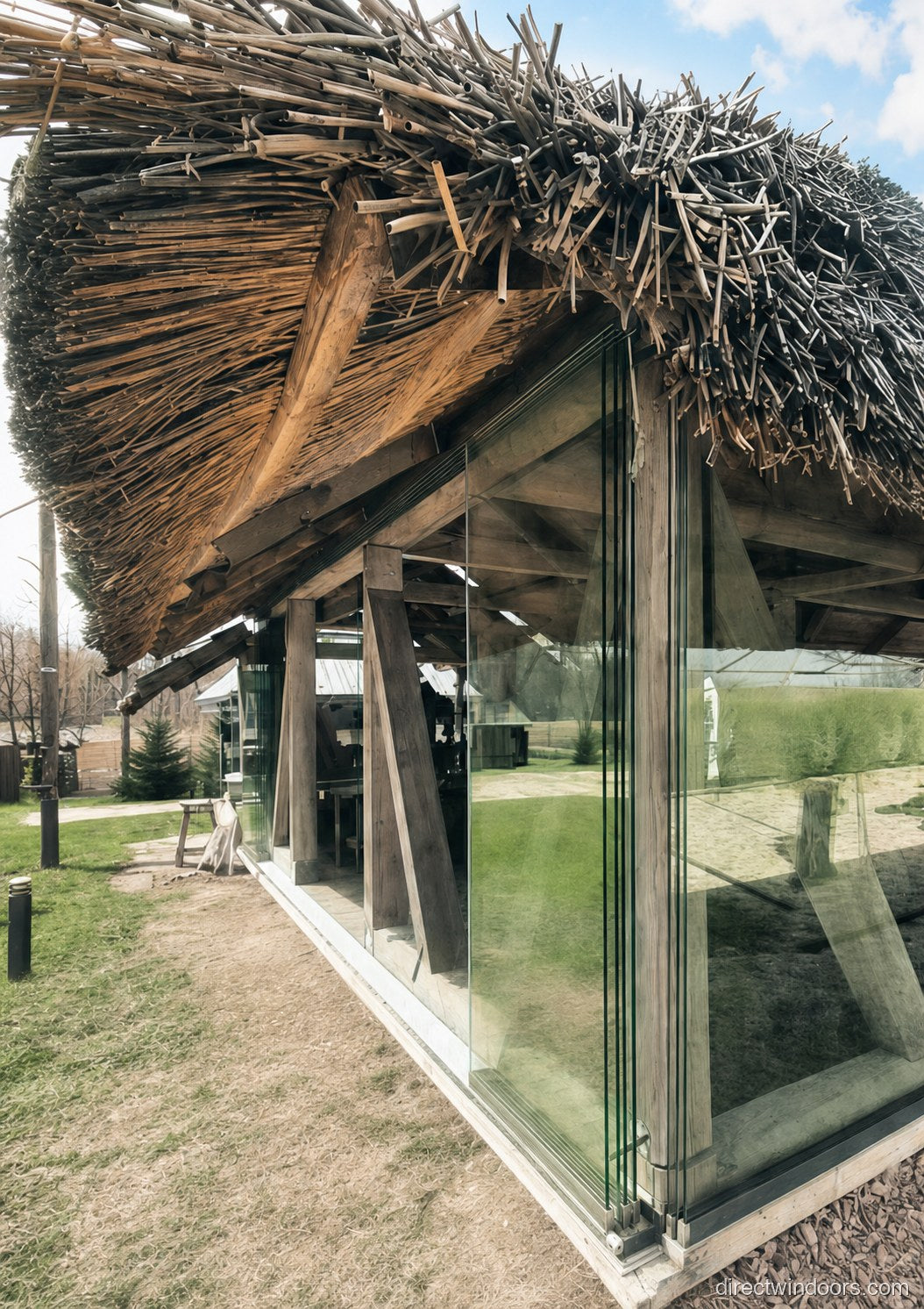 Frameless glass walls on a pergola opening to a garden patio
