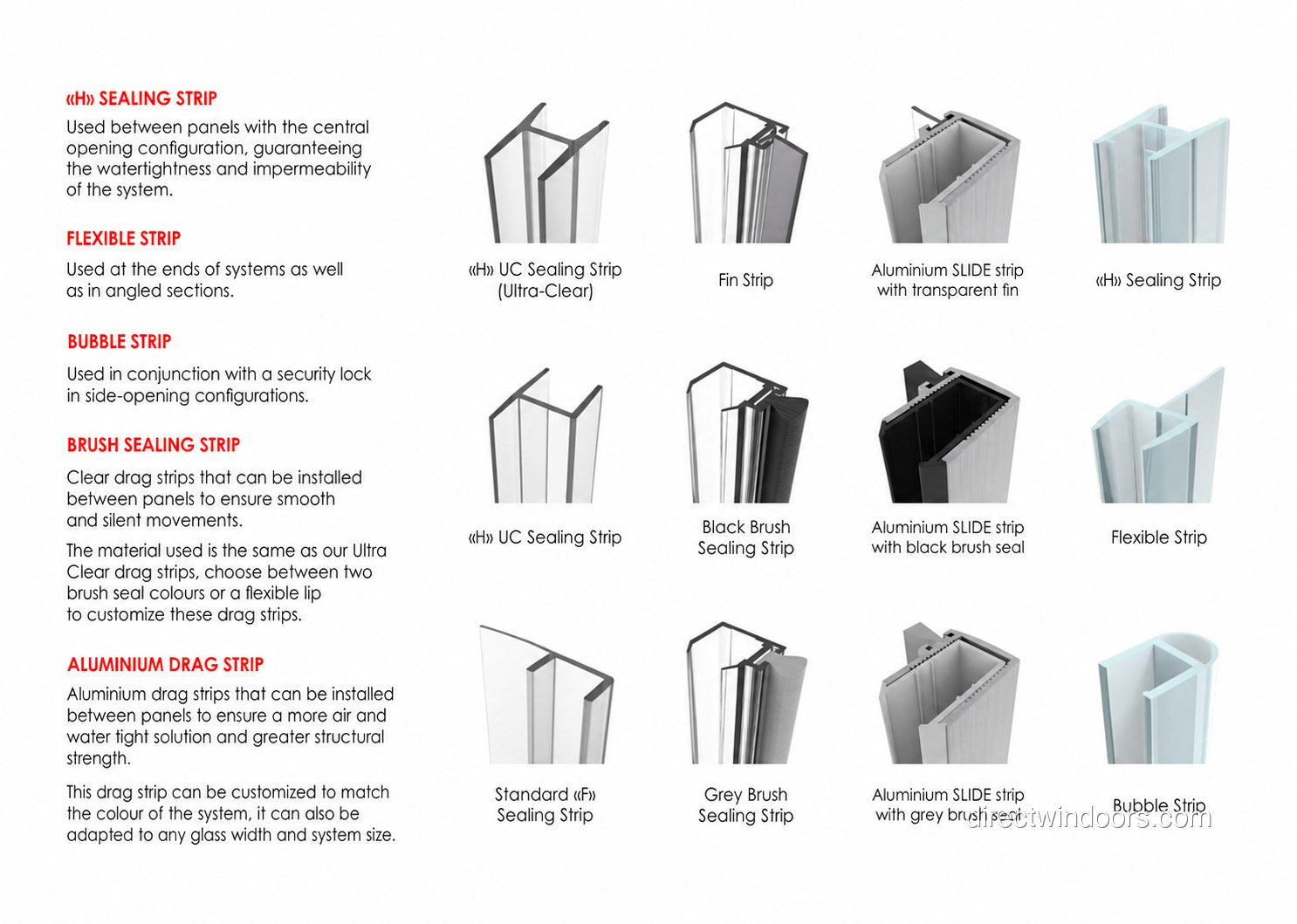 Frameless glass walls sealing strip options — H, ultra-clear, flexible, and drag strips