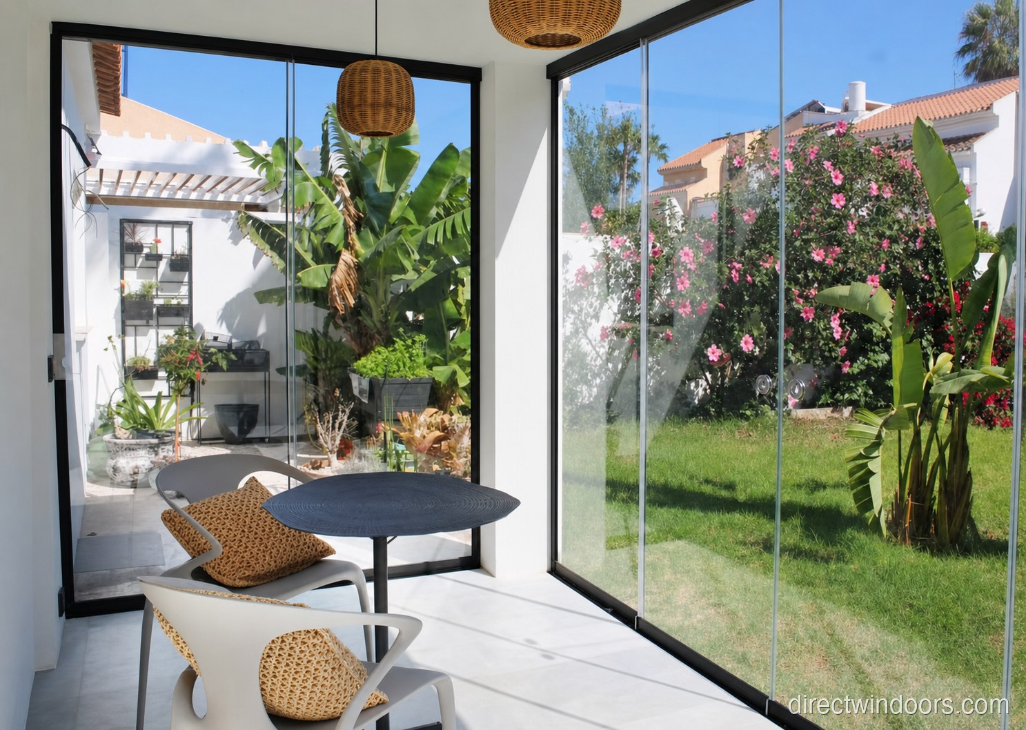 Frameless glass walls forming a sunroom with full-height glazing