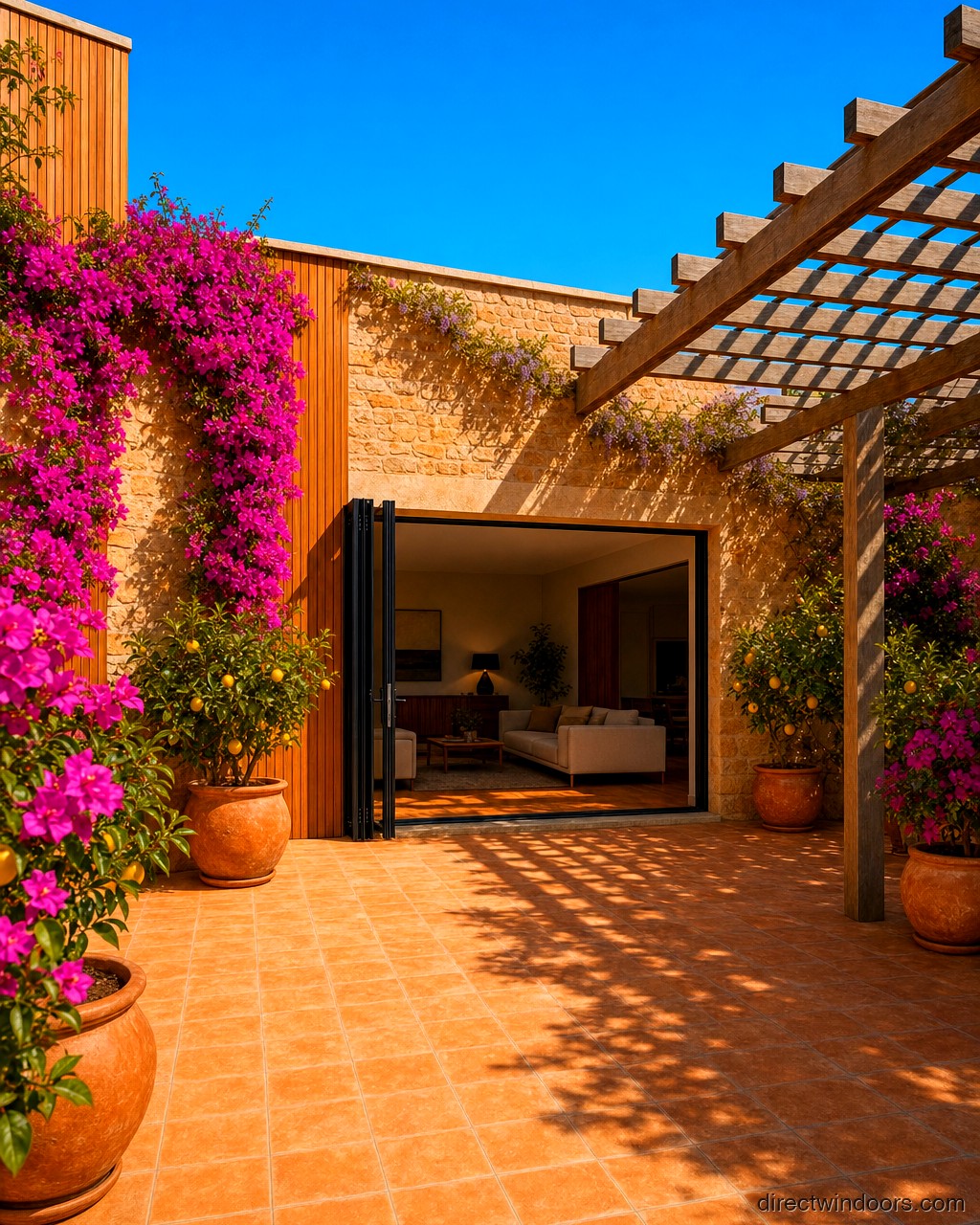 108 inch by 80 inch black aluminum bifold door shown open in a courtyard. Room setting shown is illustrative.