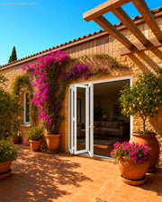 108 inch by 96 inch white aluminum bifold door shown half open in a courtyard. Room setting shown is illustrative.