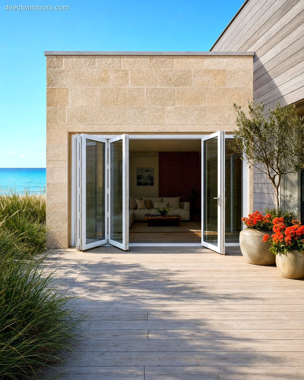 120 inch by 80 inch white 4 panel bifold door shown half open. Room setting shown is illustrative.