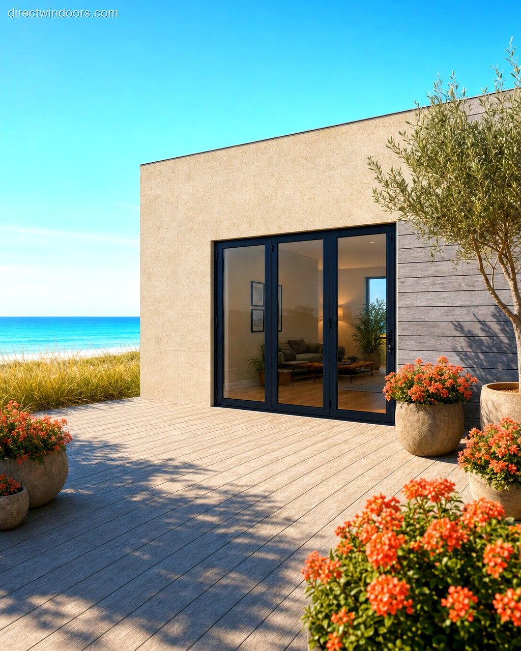 120 inch by 96 inch black 3 panel bifold door shown closed. Room setting shown is illustrative.