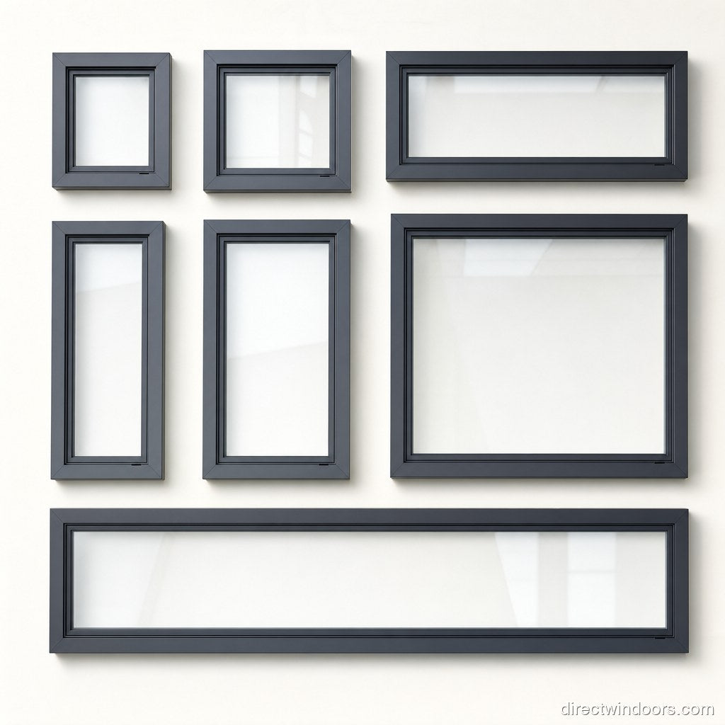 Aluminum window size variety flatlay — Direct WinDoors 100+ standard sizes